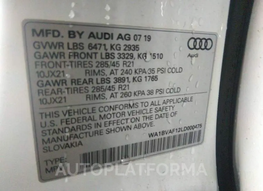 AUDI Q8 2020 vin WA1BVAF12LD000475 from auto auction Iaai