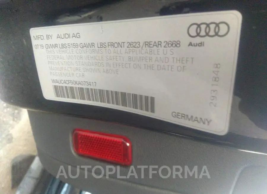 AUDI S5 SPORTBACK 2019 vin WAUC4CF50KA073417 from auto auction Iaai