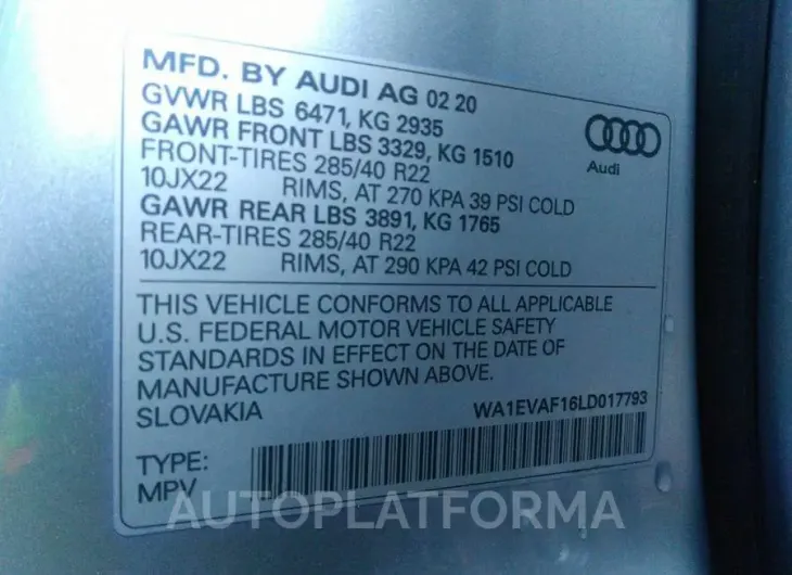 AUDI Q8 2020 vin WA1EVAF16LD017793 from auto auction Iaai