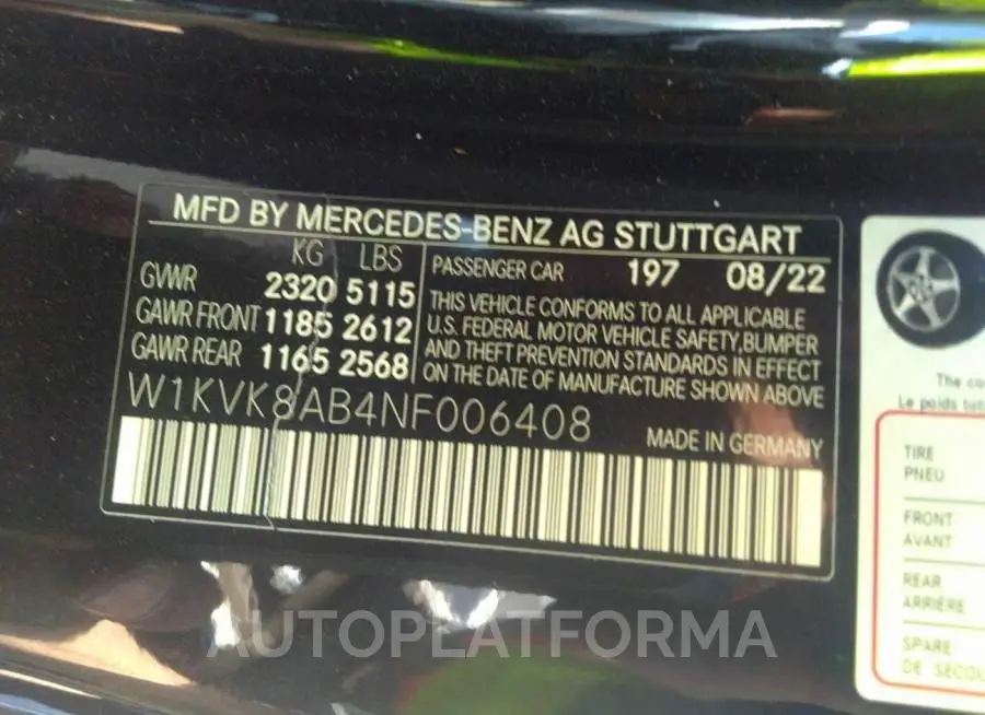 MERCEDES-BENZ SL 2022 vin W1KVK8AB4NF006408 from auto auction Iaai