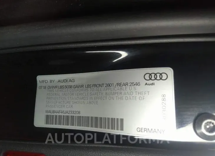 AUDI S4 2018 vin WAUB4AF46JA233208 from auto auction Iaai