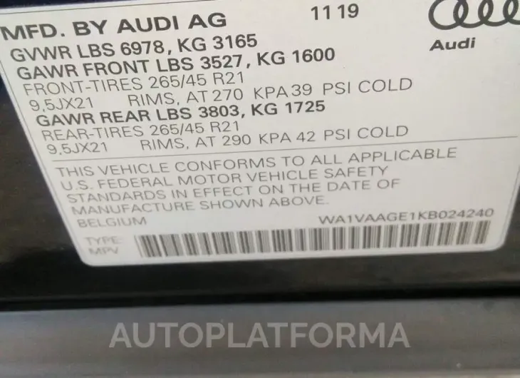 AUDI E-TRON 2019 vin WA1VAAGE1KB024240 from auto auction Iaai