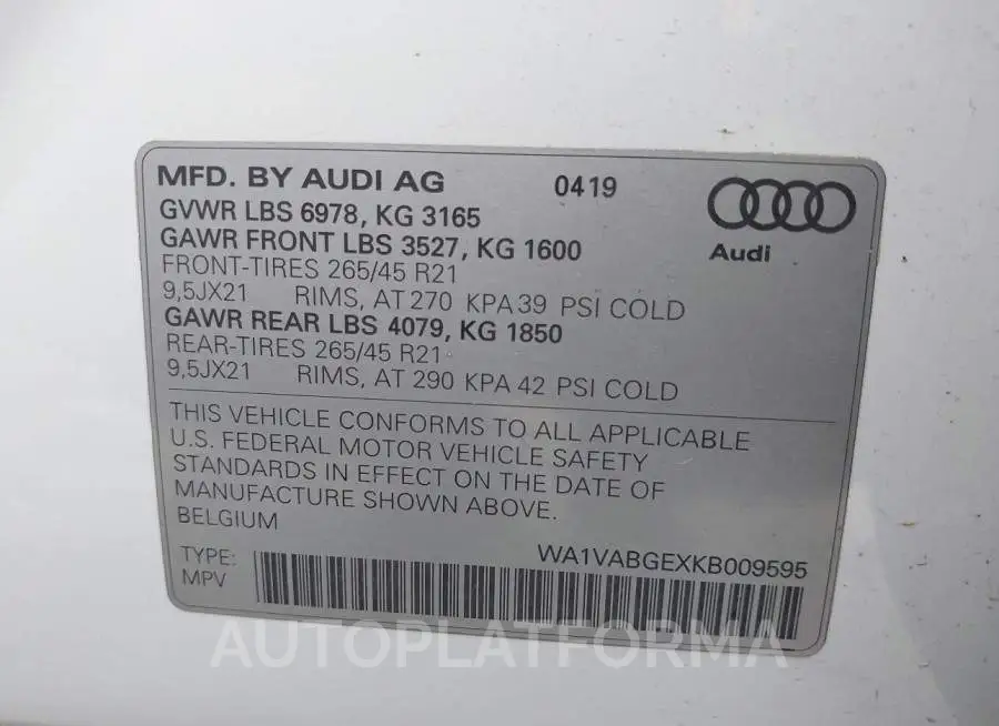 AUDI E-TRON 2019 vin WA1VABGEXKB009595 from auto auction Iaai