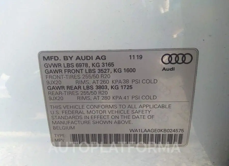 AUDI E-TRON 2019 vin WA1LAAGE0KB024575 from auto auction Iaai