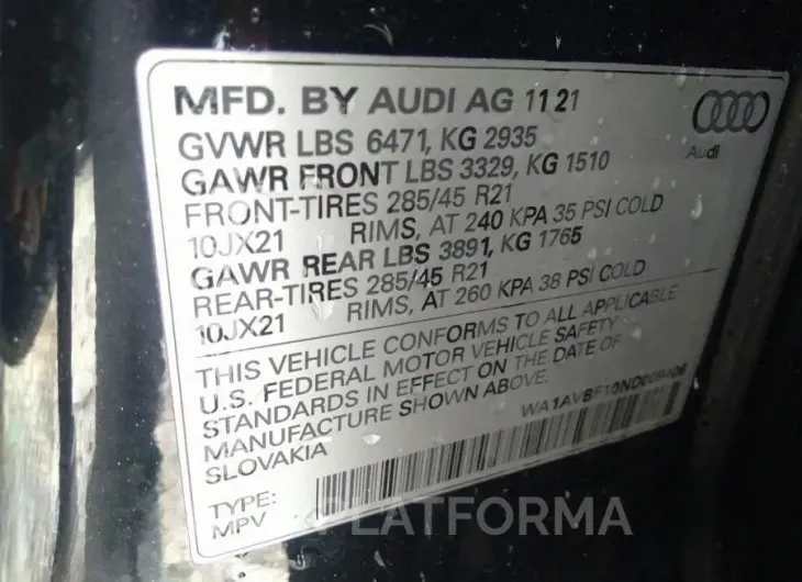 AUDI Q8 2022 vin WA1AVBF10ND009406 from auto auction Iaai