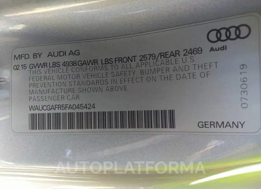 AUDI S5 2015 vin WAUCGAFR5FA045424 from auto auction Iaai