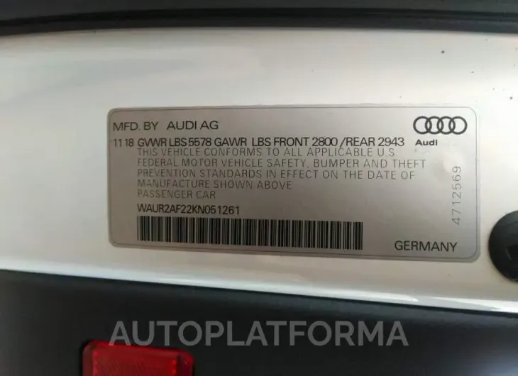 AUDI A7 2019 vin WAUR2AF22KN051261 from auto auction Iaai