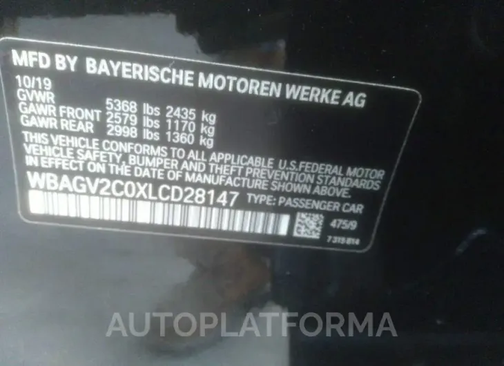 BMW 8 SERIES 2020 vin WBAGV2C0XLCD28147 from auto auction Iaai