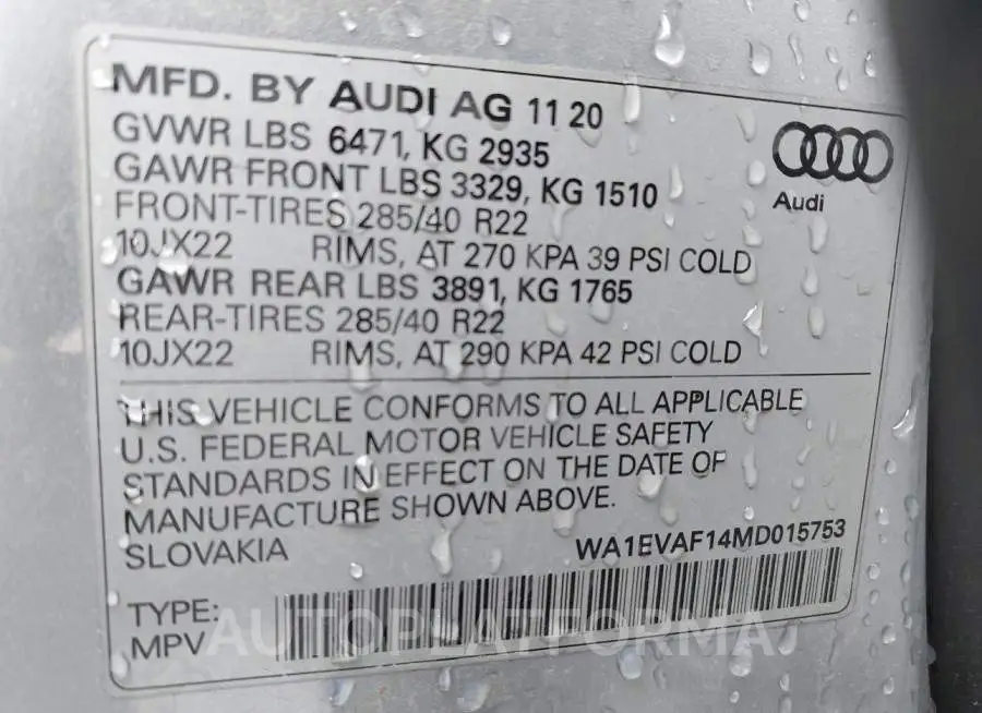 AUDI Q8 2021 vin WA1EVAF14MD015753 from auto auction Iaai