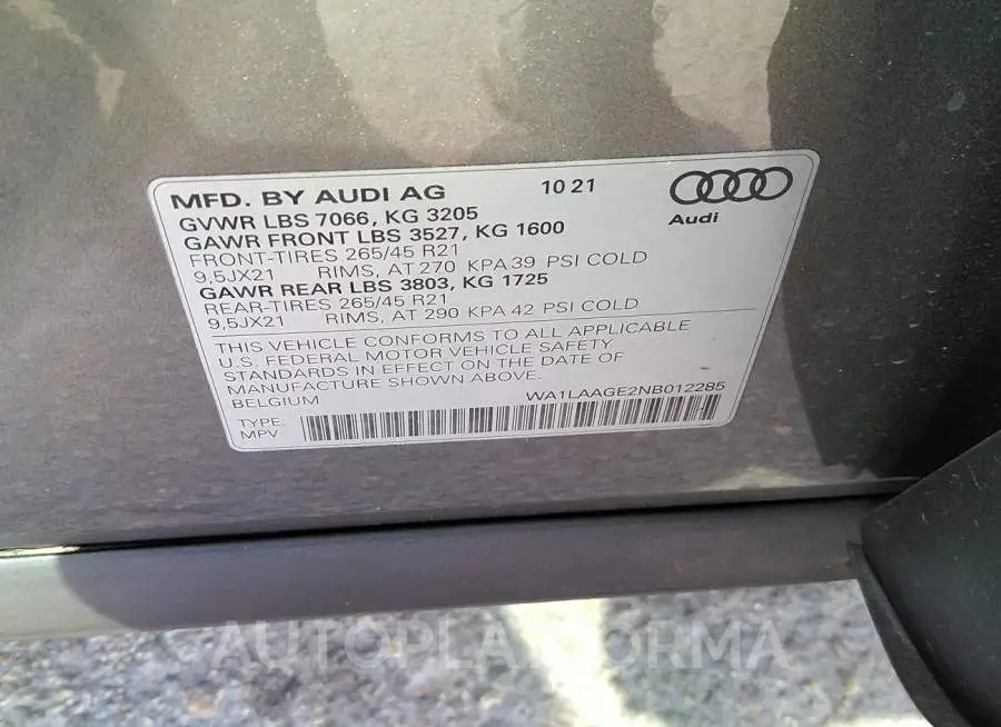 AUDI E-TRON 2022 vin WA1LAAGE2NB012285 from auto auction Iaai