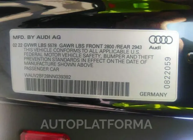 AUDI A7 2022 vin WAUV2BF28NN039382 from auto auction Iaai