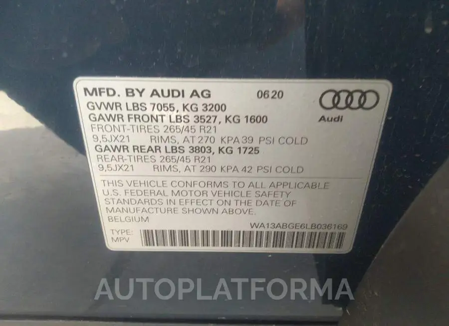 AUDI E-TRON SPORTBACK 2020 vin WA13ABGE6LB036169 from auto auction Iaai