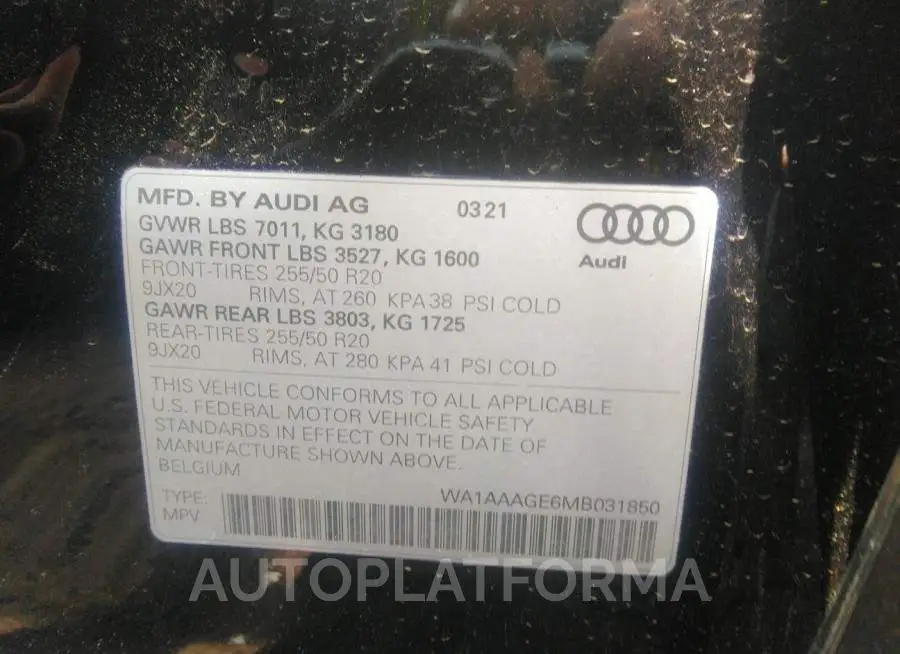 AUDI E-TRON 2021 vin WA1AAAGE6MB031850 from auto auction Iaai