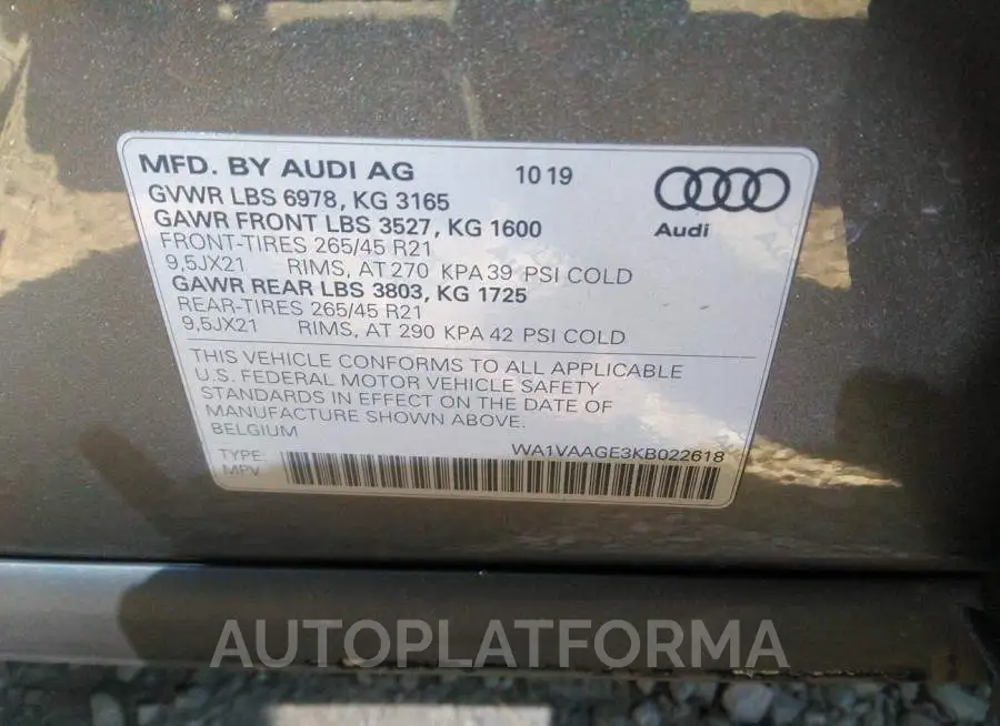 AUDI E-TRON 2019 vin WA1VAAGE3KB022618 from auto auction Iaai