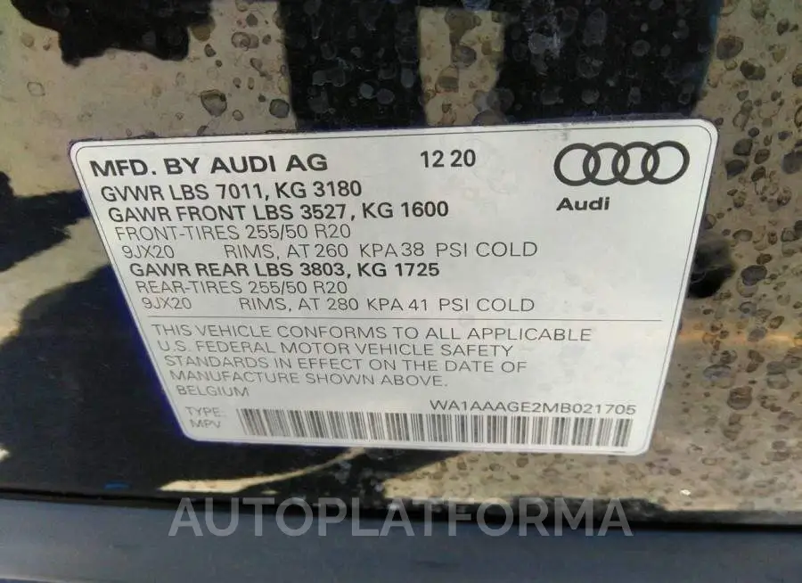 AUDI E-TRON 2021 vin WA1AAAGE2MB021705 from auto auction Iaai