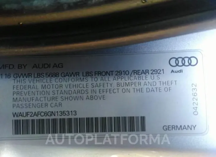 AUDI S6 2016 vin WAUF2AFC6GN135313 from auto auction Iaai