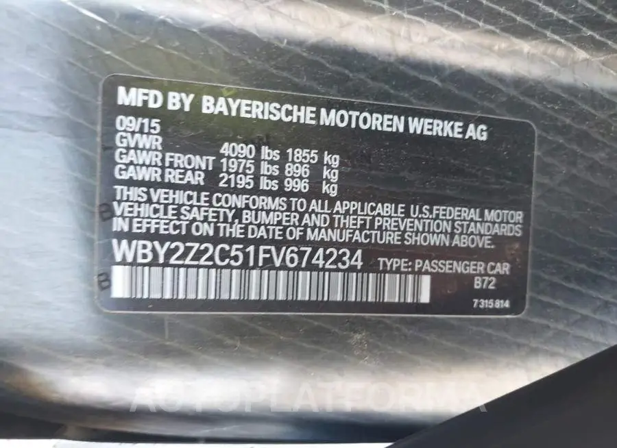 BMW I8 2015 vin WBY2Z2C51FV674234 from auto auction Iaai