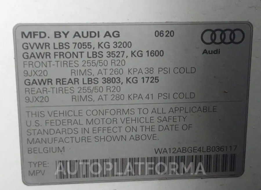 AUDI E-TRON SPORTBACK 2020 vin WA12ABGE4LB036117 from auto auction Iaai