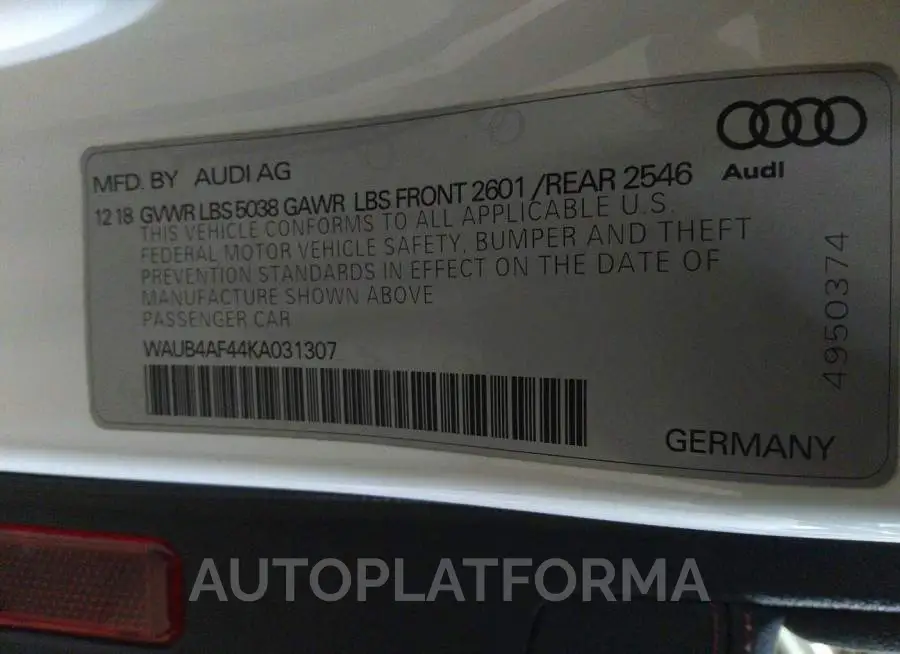 AUDI S4 2019 vin WAUB4AF44KA031307 from auto auction Iaai