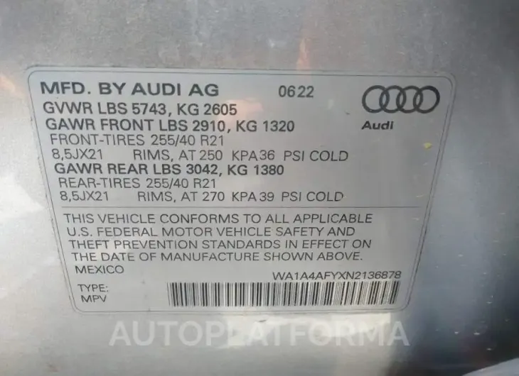 AUDI SQ5 2022 vin WA1A4AFYXN2136878 from auto auction Iaai