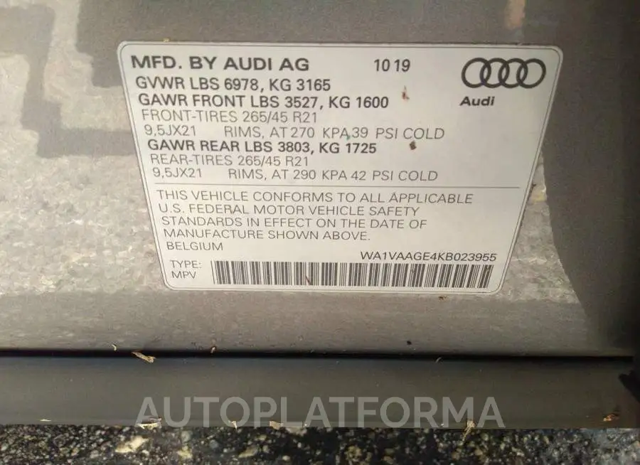 AUDI E-TRON 2019 vin WA1VAAGE4KB023955 from auto auction Iaai