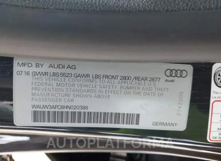 AUDI A7 2017 vin WAUW3AFC8HN020386 from auto auction Iaai