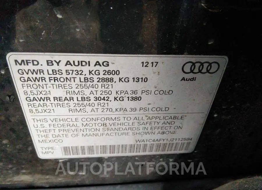 AUDI SQ5 2018 vin WA1C4AFY1J2112584 from auto auction Iaai