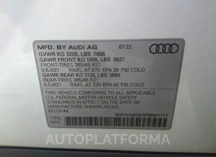 AUDI E-TRON 2023 vin WA1VABGEXPB001777 from auto auction Iaai