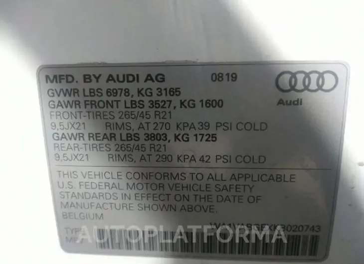 AUDI E-TRON 2019 vin WA1VABGEXKB020743 from auto auction Iaai