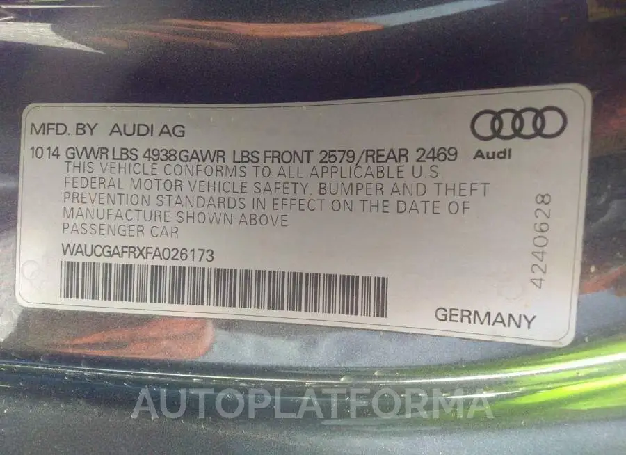 AUDI S5 2015 vin WAUCGAFRXFA026173 from auto auction Iaai