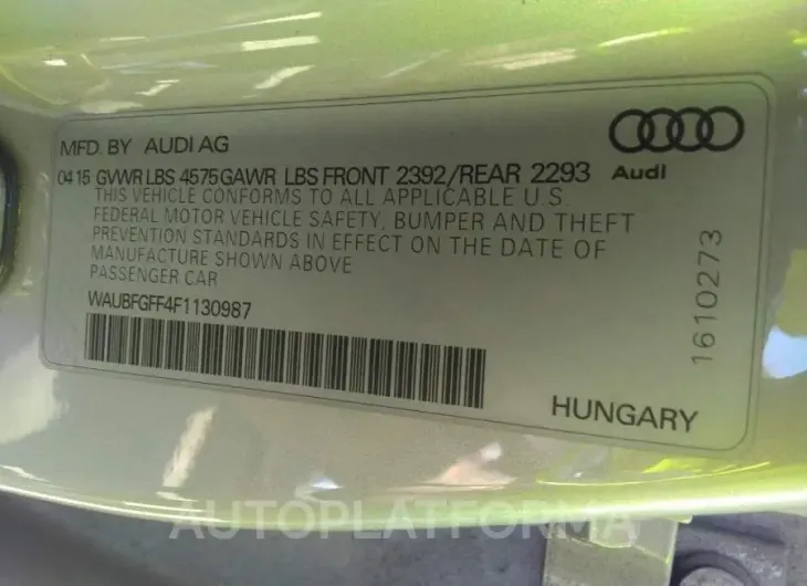 AUDI S3/A3 2015 vin WAUBFGFF4F1130987 from auto auction Iaai