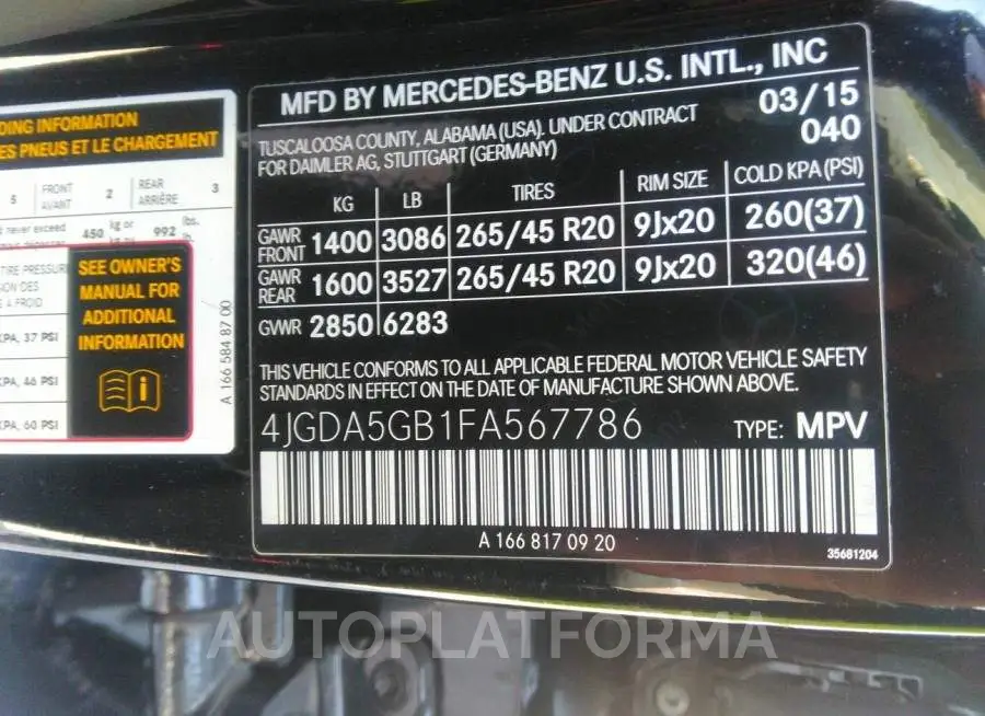 MERCEDES-BENZ M-CLASS 2015 vin 4JGDA5GB1FA567786 from auto auction Iaai