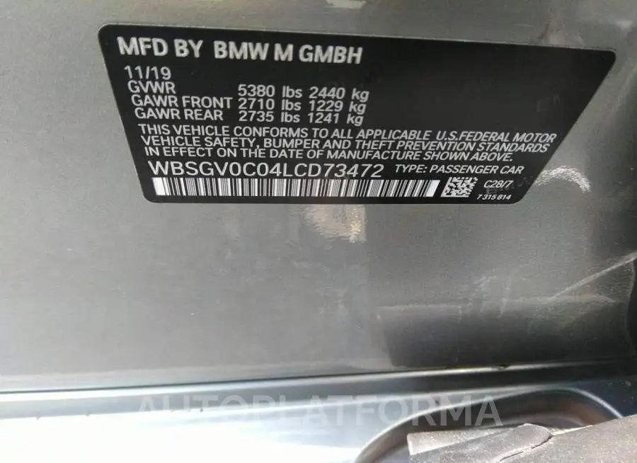 BMW M8 2020 vin WBSGV0C04LCD73472 from auto auction Iaai