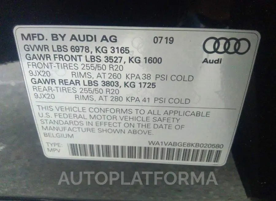 AUDI E-TRON 2019 vin WA1VABGE8KB020580 from auto auction Iaai