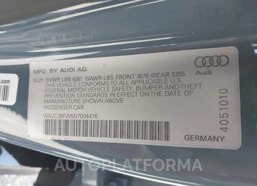 AUDI E-TRON GT 2022 vin WAUCJBFW5N7004476 from auto auction Iaai