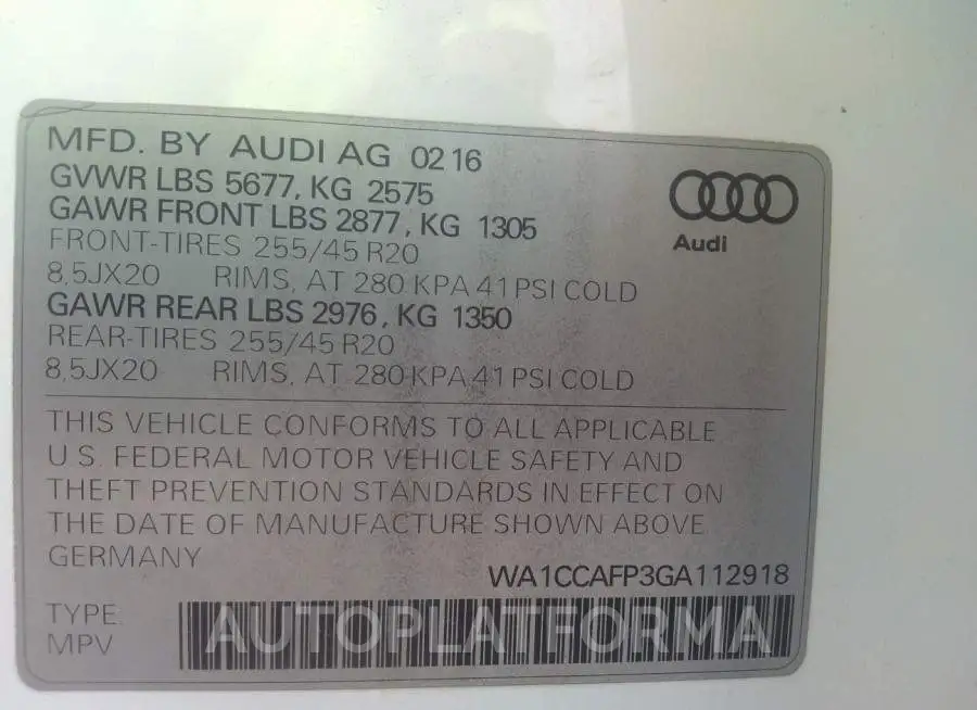 AUDI SQ5 2016 vin WA1CCAFP3GA112918 from auto auction Iaai