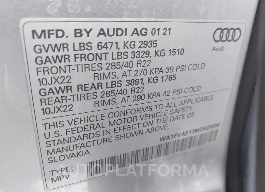 AUDI Q8 2021 vin WA1FVAF13MD025050 from auto auction Iaai