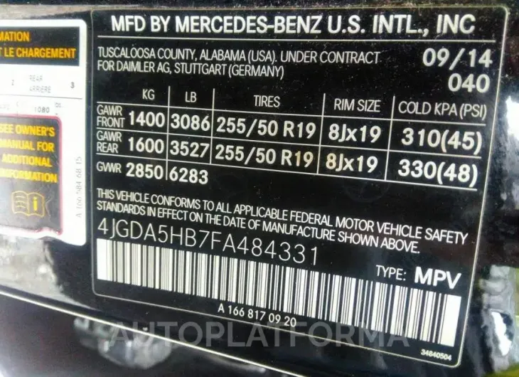 MERCEDES-BENZ M-CLASS 2015 vin 4JGDA5HB7FA484331 from auto auction Iaai