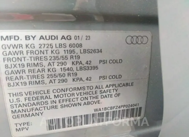 AUDI Q4 E-TRON 2023 vin WA1BCBFZ4PP024041 from auto auction Iaai