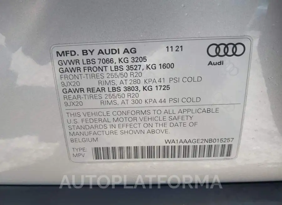 AUDI E-TRON 2022 vin WA1AAAGE2NB015257 from auto auction Iaai