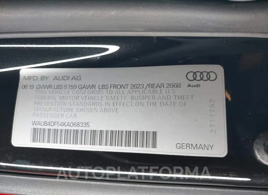 AUDI S5 SPORTBACK 2019 vin WAUB4DF54KA068335 from auto auction Iaai