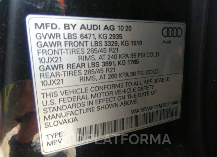 AUDI Q8 2021 vin WA1EVAF17MD011440 from auto auction Iaai