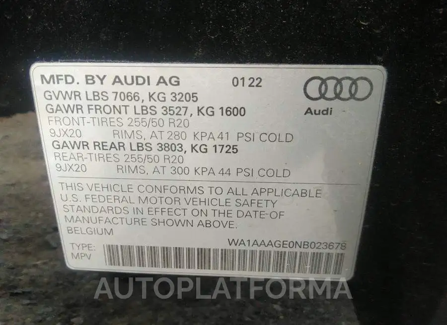 AUDI E-TRON 2022 vin WA1AAAGE0NB023678 from auto auction Iaai