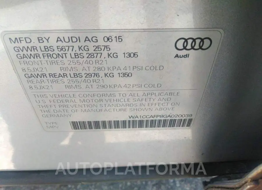 AUDI SQ5 2016 vin WA1CCAFP8GA020039 from auto auction Iaai