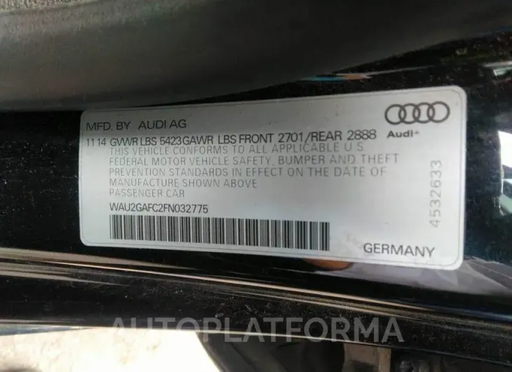 AUDI A7 2015 vin WAU2GAFC2FN032775 from auto auction Iaai