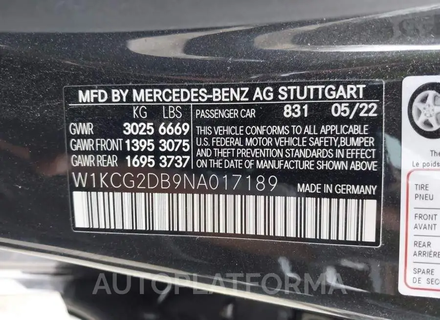 MERCEDES-BENZ EQS 2022 vin W1KCG2DB9NA017189 from auto auction Iaai