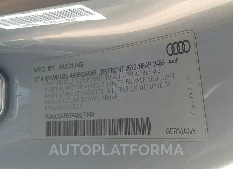 AUDI S5 2015 vin WAUCGAFR3FA027360 from auto auction Iaai