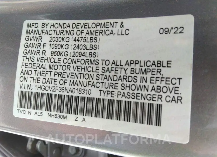 HONDA ACCORD SEDAN 2022 vin 1HGCV2F36NA018310 from auto auction Iaai