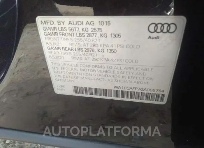 AUDI SQ5 2016 vin WA1CCAFP7GA065764 from auto auction Iaai