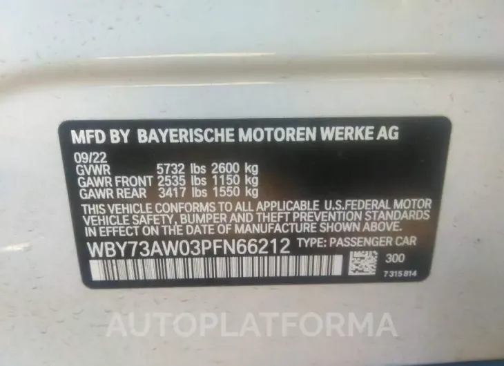 BMW I4 2023 vin WBY73AW03PFN66212 from auto auction Iaai